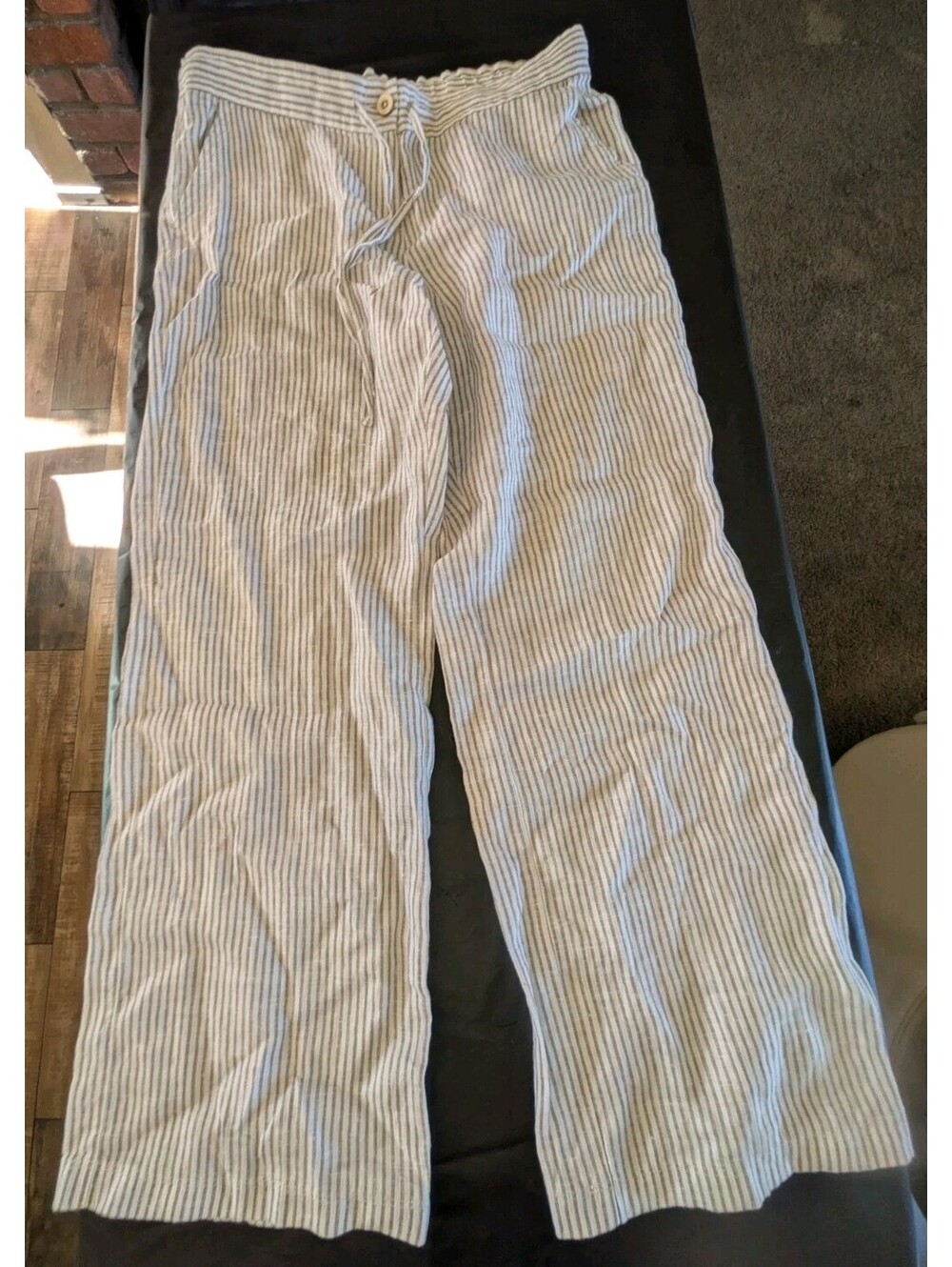Tommy Bahama Pants Women Med White Linen Wide Leg Drawstring Beach W/Stripes